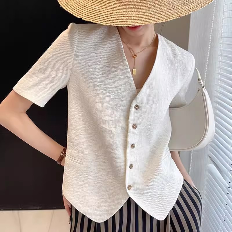 Chanel-Style Women's Summer Thin Short Jacket, Short-Sleeve Petite V-Neck Casual Cropped Top