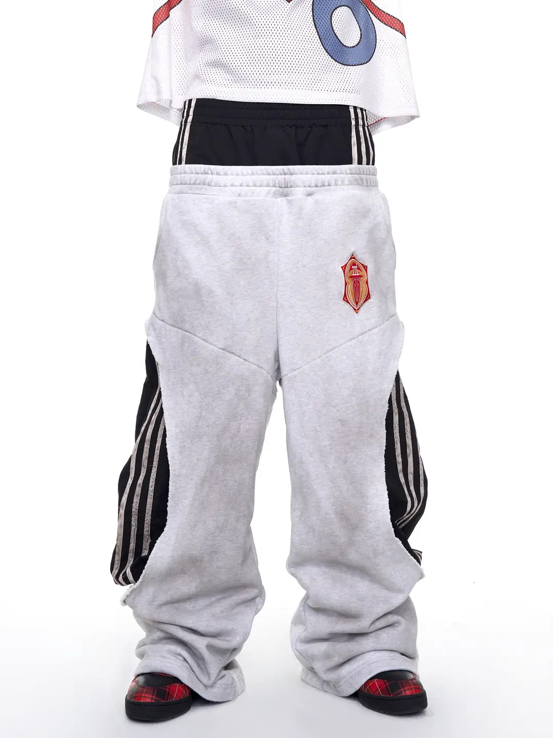 Fouth3ex 25FW Fake Two piece Double Waist Head Guard Pants for Men Autumn Three Bar Splicing Color Contrasting Wide Leg Pants
