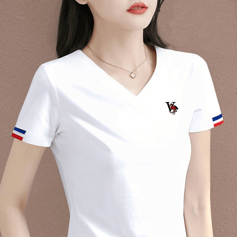 V-Neck T-Shirt for Women, Short-Sleeved White Base Shirt, 2026 New Style Pure Cotton Regular Shoulder Sweetheart Neckline Summer Half-Sleeve Top
