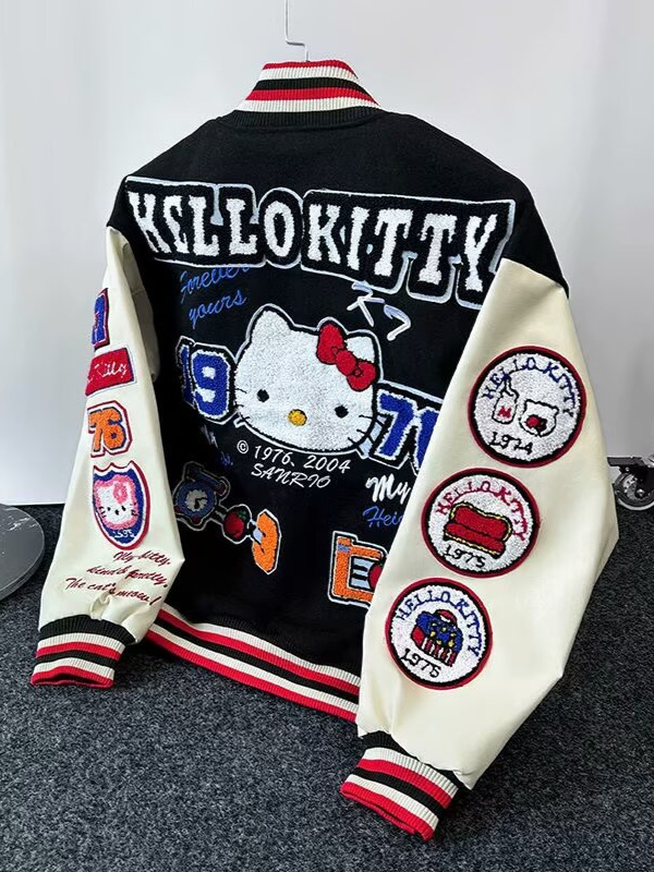 Early Spring Autumn Winter American KT Cat Flocking Towel Embroidered Leather Baseball Suit Men's and Women's Loose Collar Jacket Fashionable Jacket