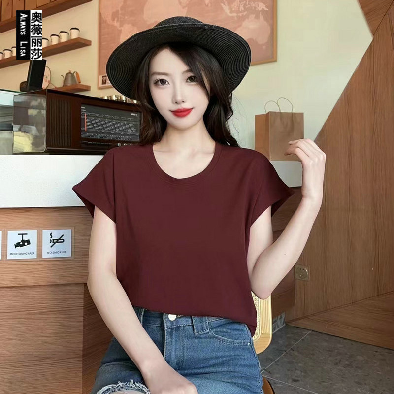 Simple Western-style U-collar Small Flying Sleeve T-shirt Women's 2024 Summer Korean-style All-match Solid Color Pullover Short Sleeve Top Trendy