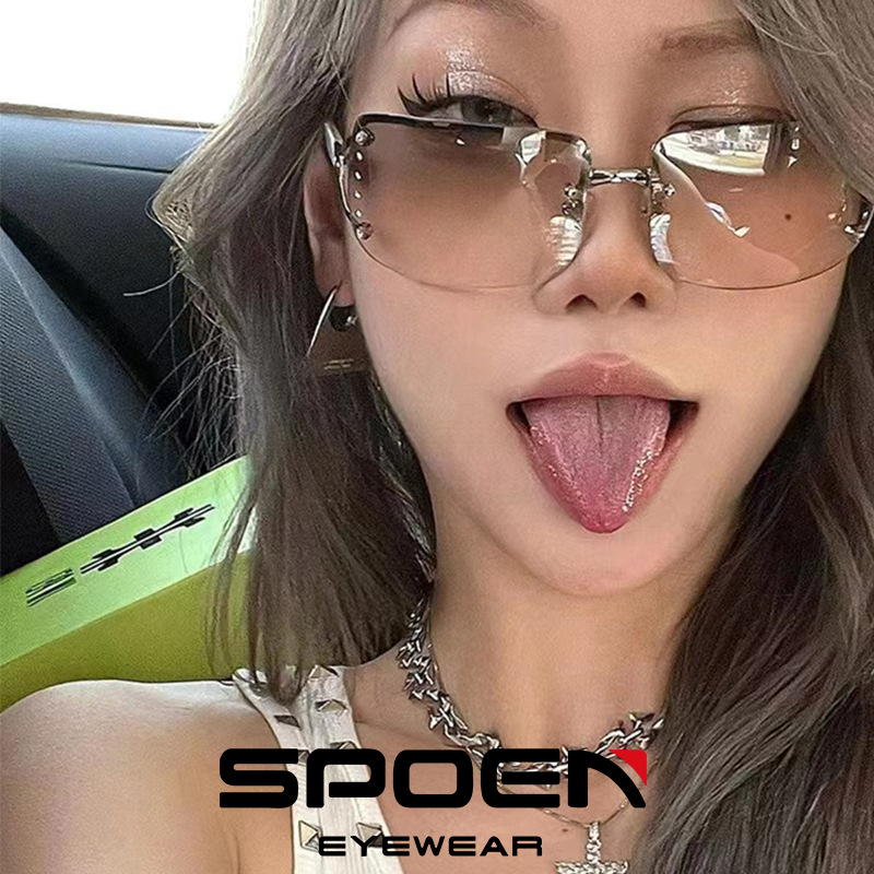 New Square Y2K Hot Girl Sweet Cool Sunglasses Women's High-end Sense Metal Frameless Personalized Brick Internet Red Sunglasses