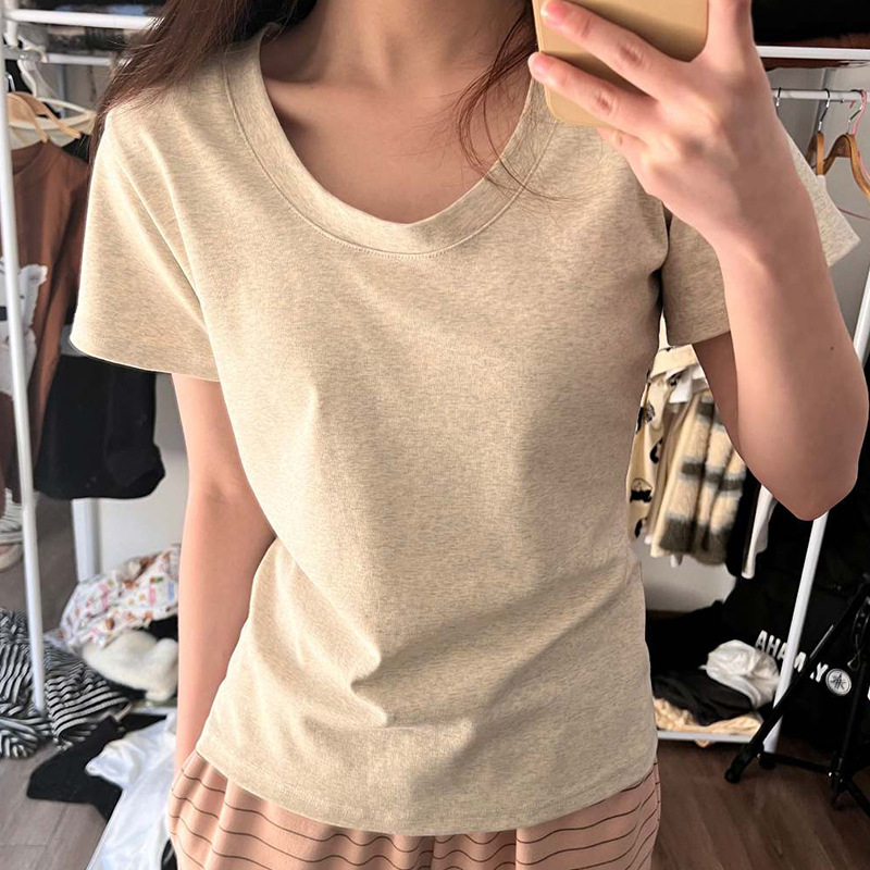 Pure Cotton Shoulder U-Neck Short-Sleeved T-Shirt Women's American Style Collarbone-Shirt Summer New Slim-Fit Slimming Basic Base-Layer Shirt Top