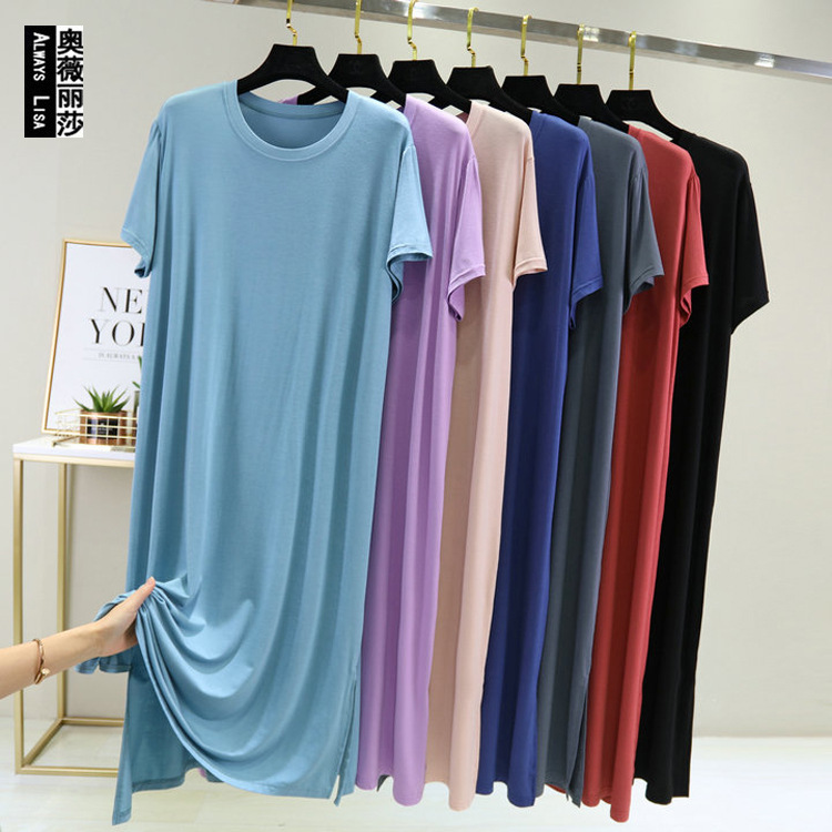 Summer Thin Modal Round Neck Short Sleeve Dress Loose Long Side Slit Half Sleeve Extra Large Size Home Nightdress