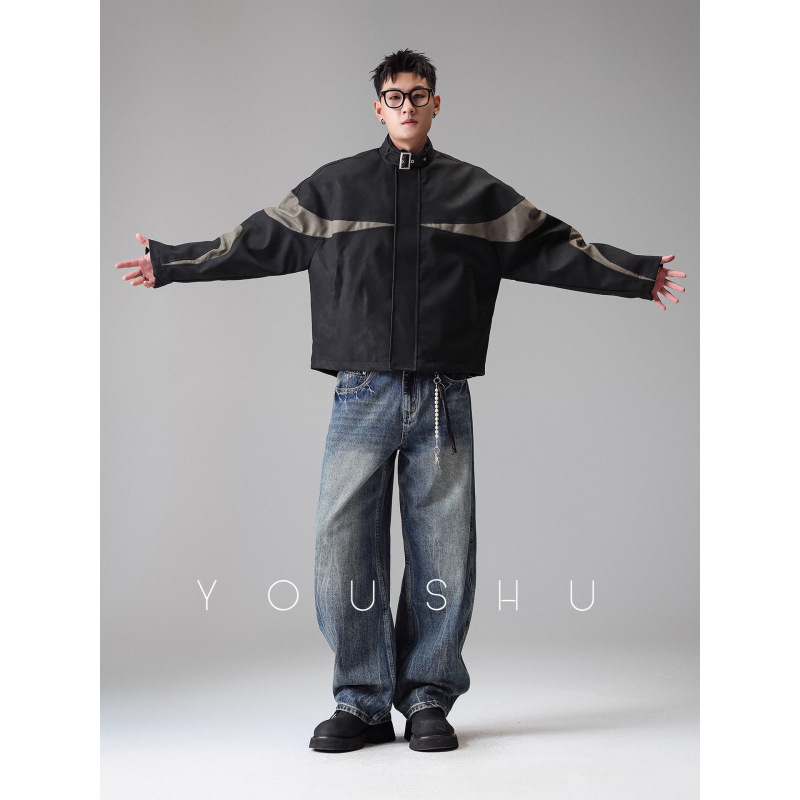 "Leather Art Puzzle" American-Style Trendy Color-Blocked Stand-Collar Leather Jacket for Men, Autumn Niche Retro Casual Coat