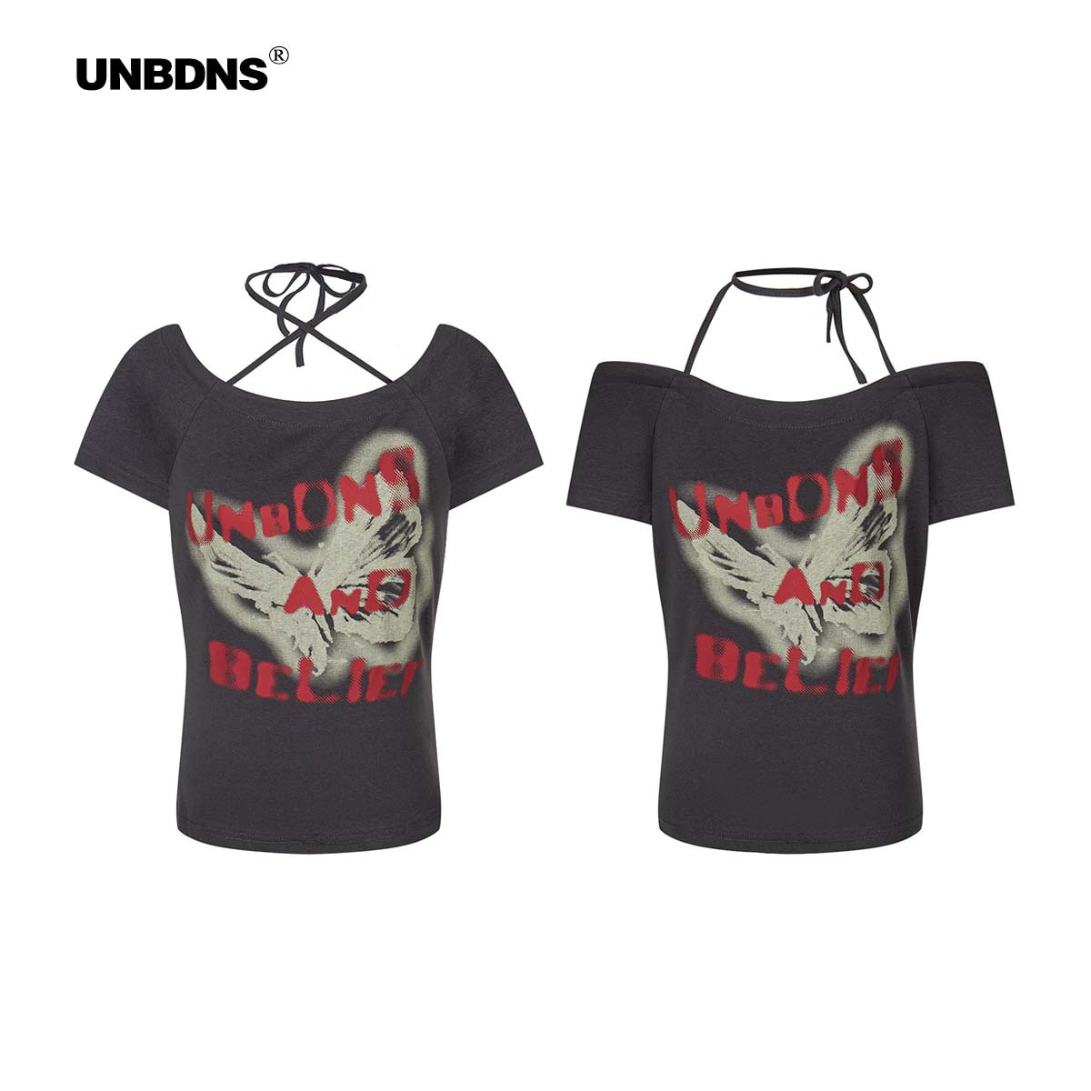 Unbdnsy2K One-Shoulder Short-Sleeved T-Shirt for Women in Summer, Distressed Lace-Up Slim-Fitting Top Y2K Summer Short-Sleeved T-Shirt for Women