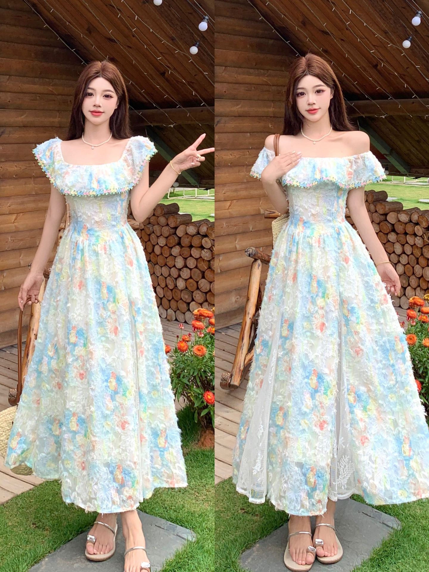 French Resort Style Stunning One-Shoulder Dress for Women, Summer 2026 New Model, Fairy-Like Floral Spaghetti Strap Long Dress