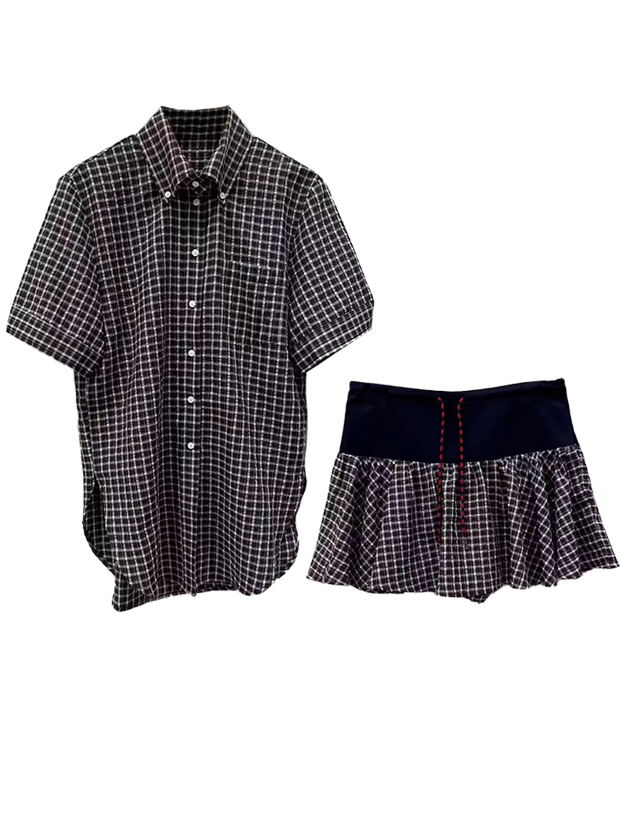 French S Brand 2025 Early Autumn New College Style Plaid Shirt for Women + Shorts Pleated Skirt Retro Short-Sleeved Skirt