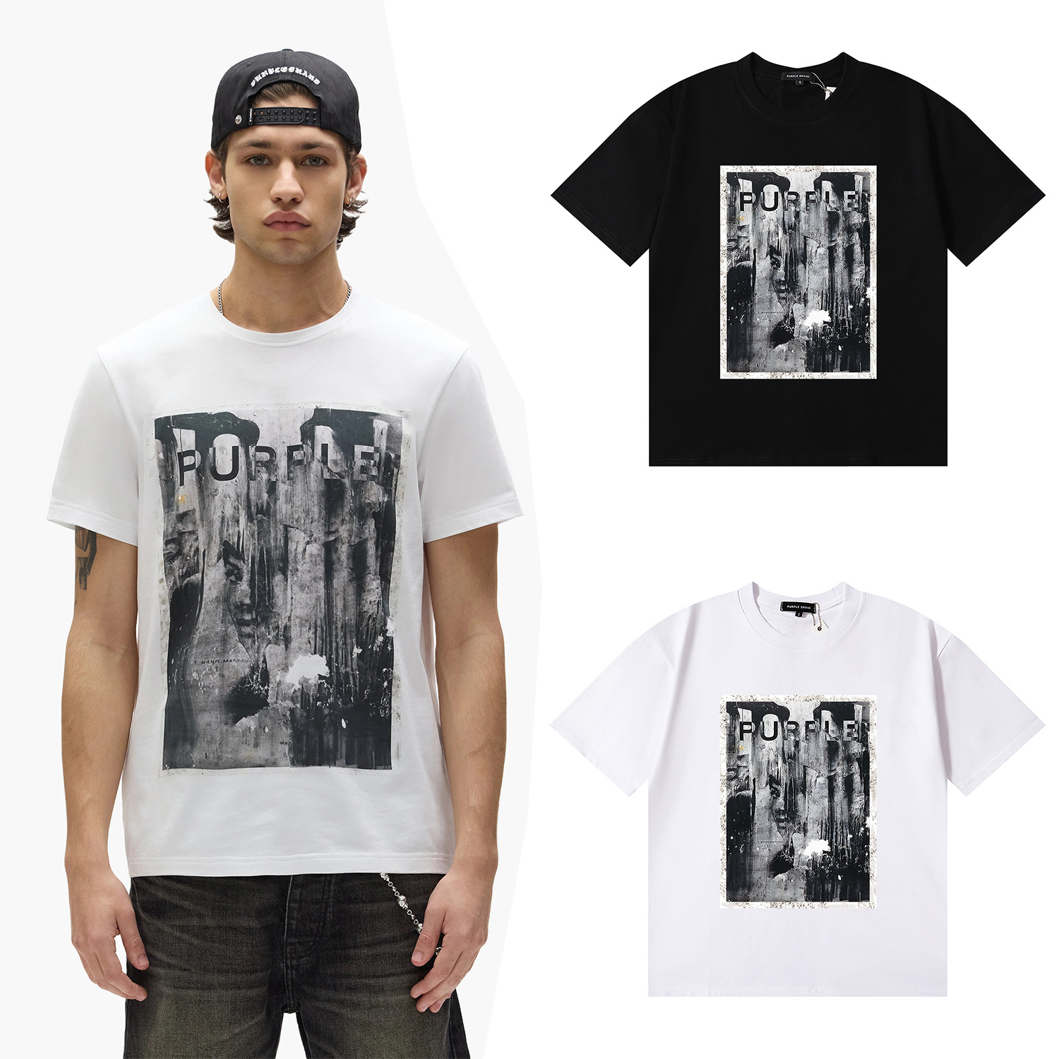 American Trendy Purple Brand Parking Lot Abstract Face Print American Short-Sleeved T-Shirt Summer Trendy Brand