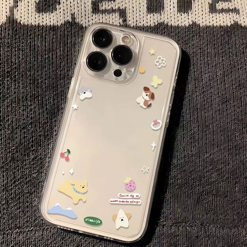 Ins Style Cartoon Flower and Grass Puppy for Apple 16Pro Phone Case 15Pro Max Simple 14 15 Space Case