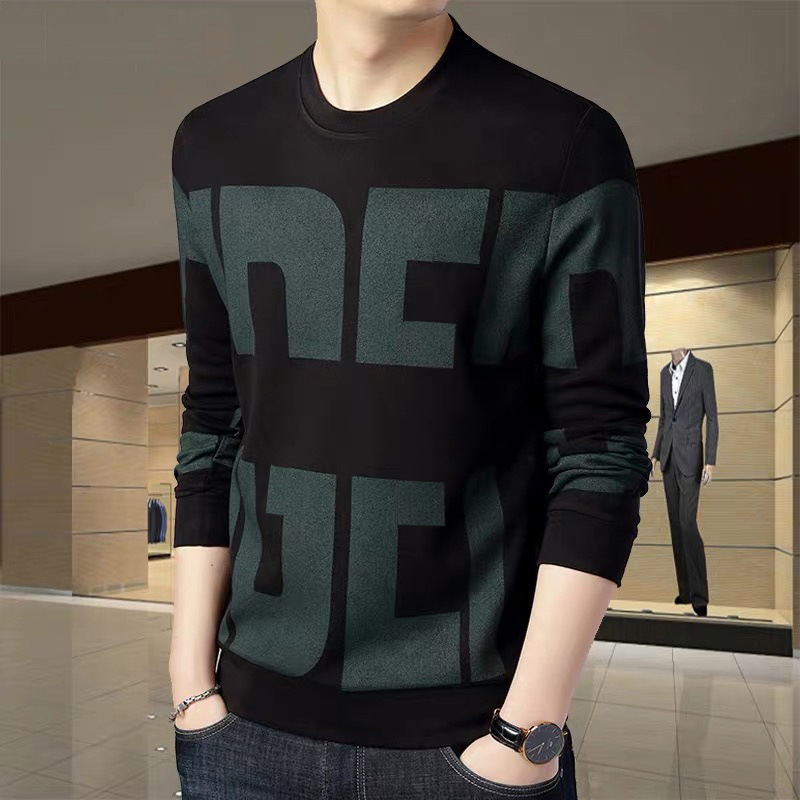 Spring Autumn and Winter Sweater Men's Long-sleeved T-shirt fleece-lined Thickened Round Neck Pure Cotton Base Shirt Loose Top with Fashion