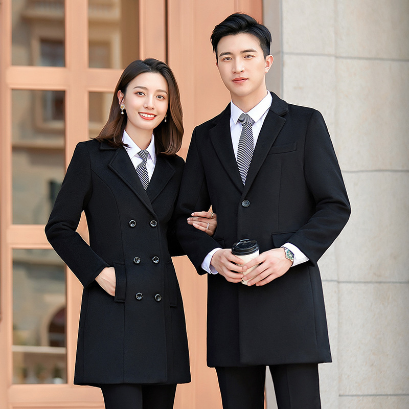 Professional Black Men's Woolen Coat, Unisex Long Woolen Overcoat for Bank, Hotel, and Jewelry Work