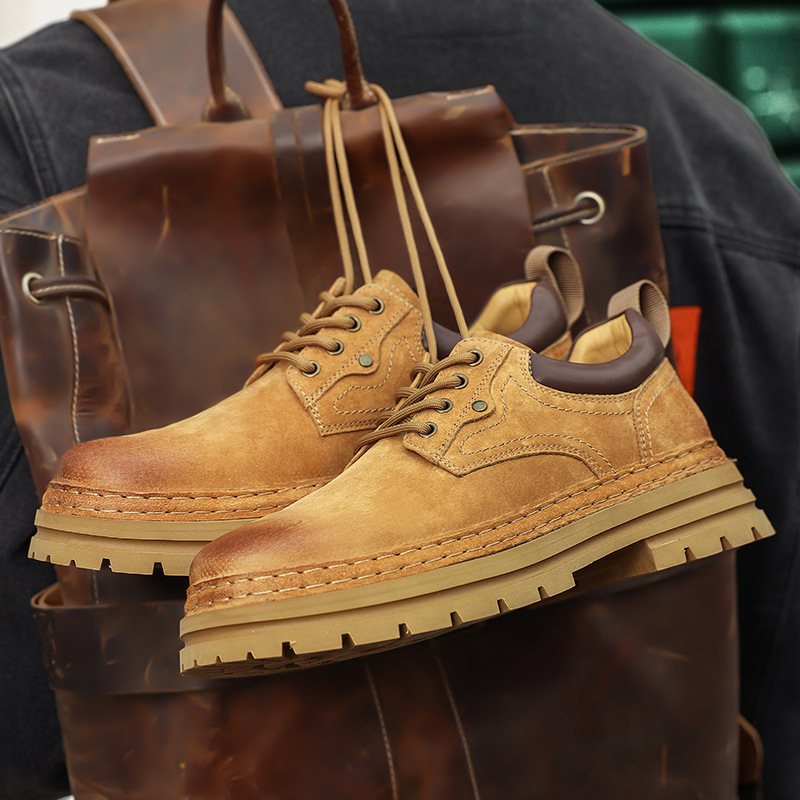 Workwear shoes men's 2025 spring new high quality low-top rhubarb boots top layer pigskin retro thick-soled casual men's shoes