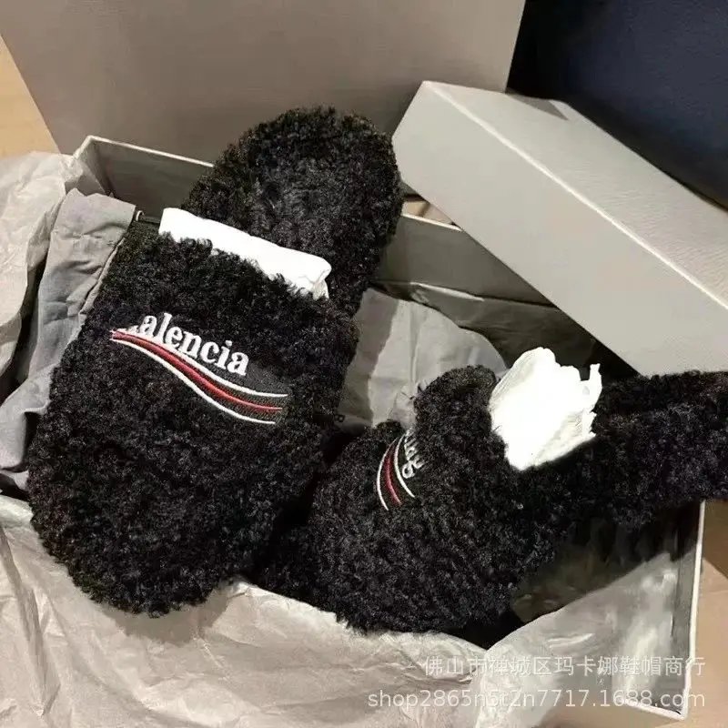 Balenciaga Logo Shearling Slides Black