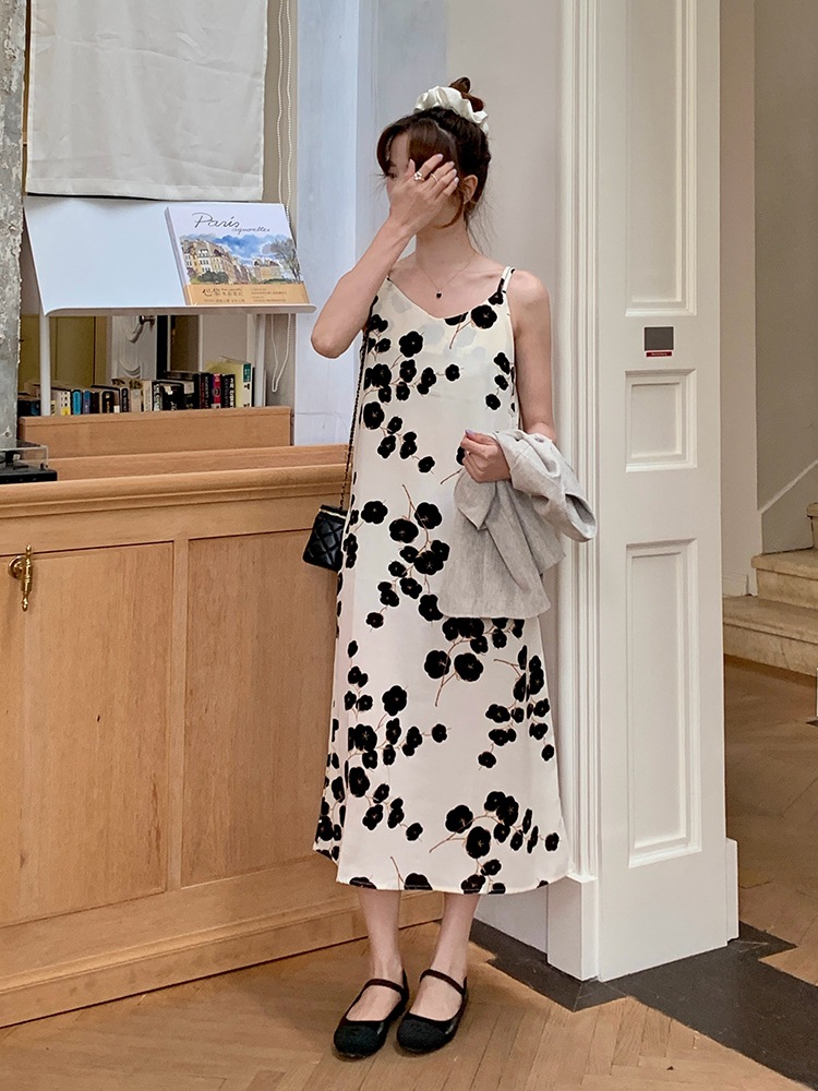 Imitation Silk Satin V-neck Kapok Sling Mid-length Dress Elegant Printed High Waist Dag 25 Summer New Long Dress