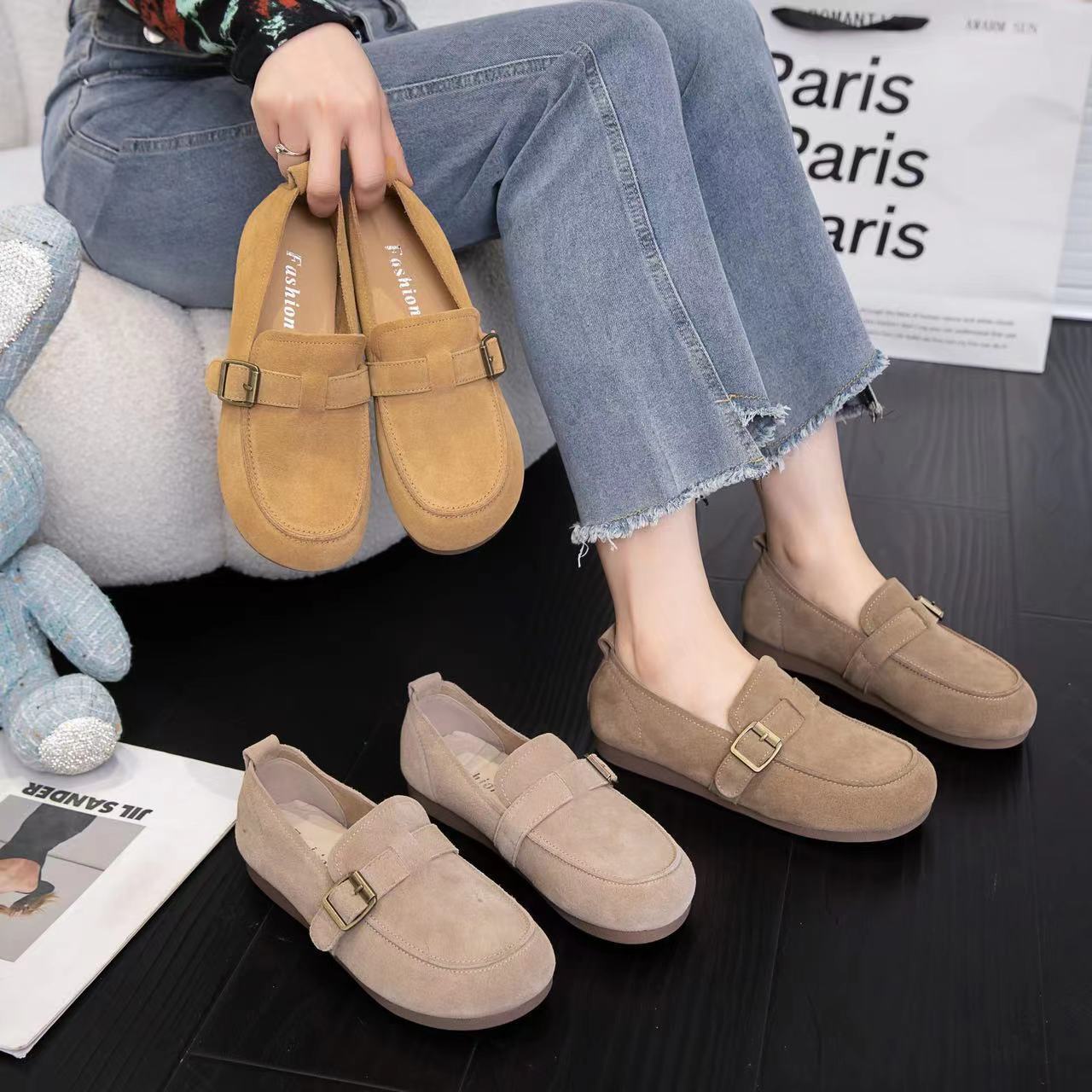 Japanese style buckle loafers solid color matte cowhide Boken shoes women's 2024 spring new versatile comfortable casual shoes