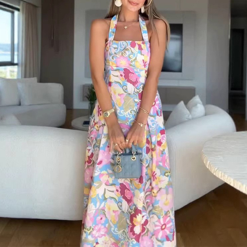 European and American Autumn New Arrivals: Sweet and Spicy Style Holiday Slim-Fit Digital Print Spaghetti Strap Lace Trim High-End Dress