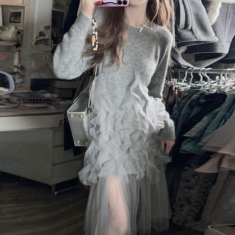 Autumn and Winter Design-Inspired Niche Gentle Style Long Dress with French Elegance and High-End Feel, Super Fairy-Like Mesh Knit Dress for Women