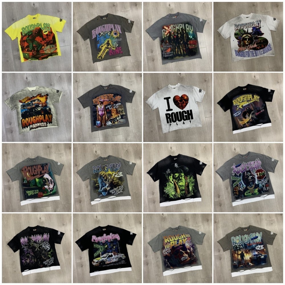 Roughplay Trendy Fashion Washed Distressed Vintage Printed Rhinestone Patchwork Short-Sleeve Summer Trendy T-Shirt