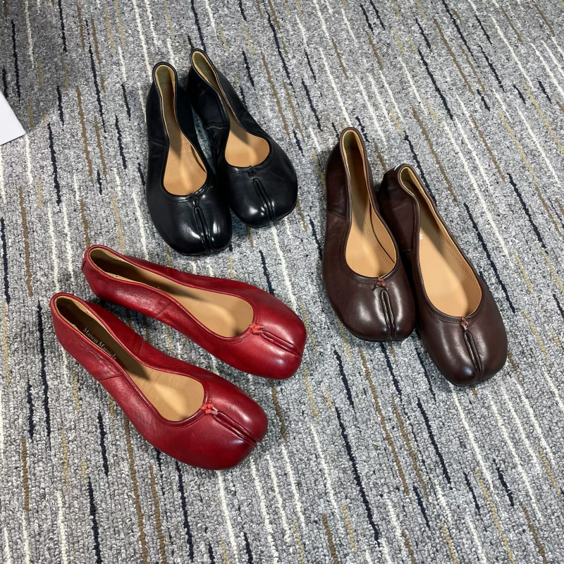 Washed Horse Leather Distressed Pig's Trotters Shoes Shallow Tabi Split-Toe Shoes Women's Flat Retro Horse Hoof Shoes Ballet Pig's Trotters Shoes