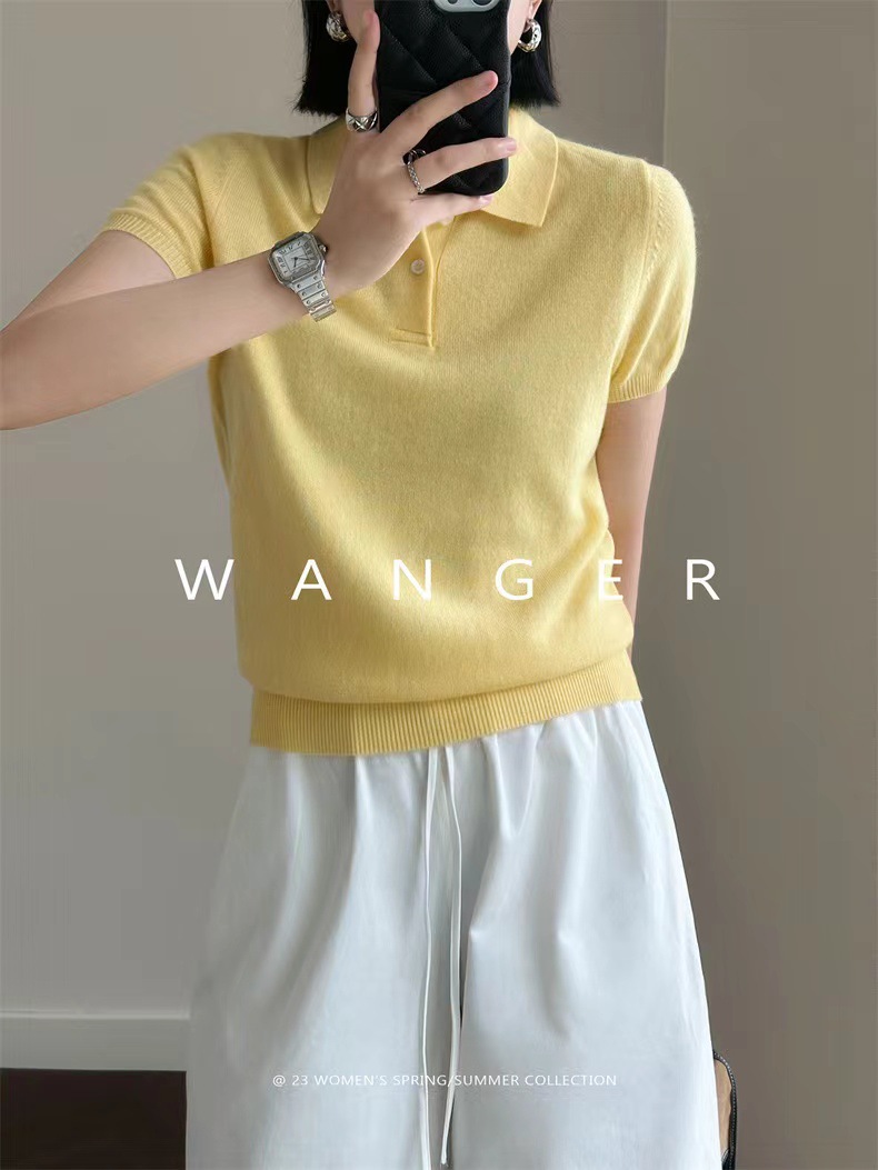 Classic Versatile Loose Short POLO Collar Wool Worsted Knitted Short Sleeve Women's Thin Shirt Collar Wool Half Sleeve