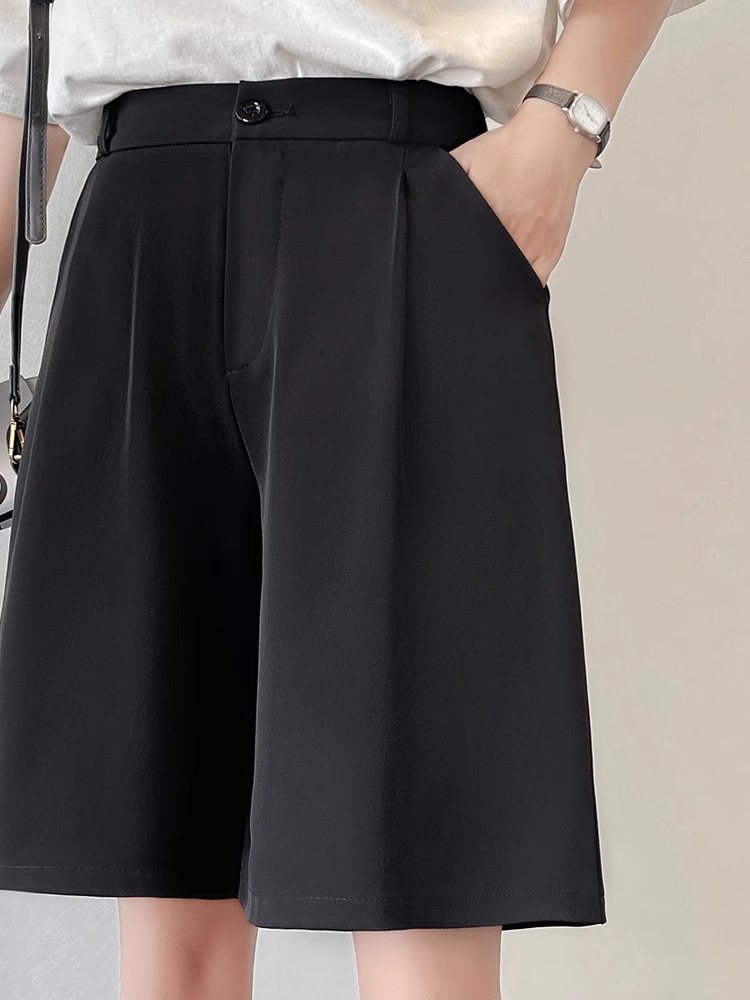 Cross-Border Suit Shorts for Women Summer Thin Loose Wide-Leg Sports High-Waist Ice Silk Mid-Pants Casual Five-Point Pants