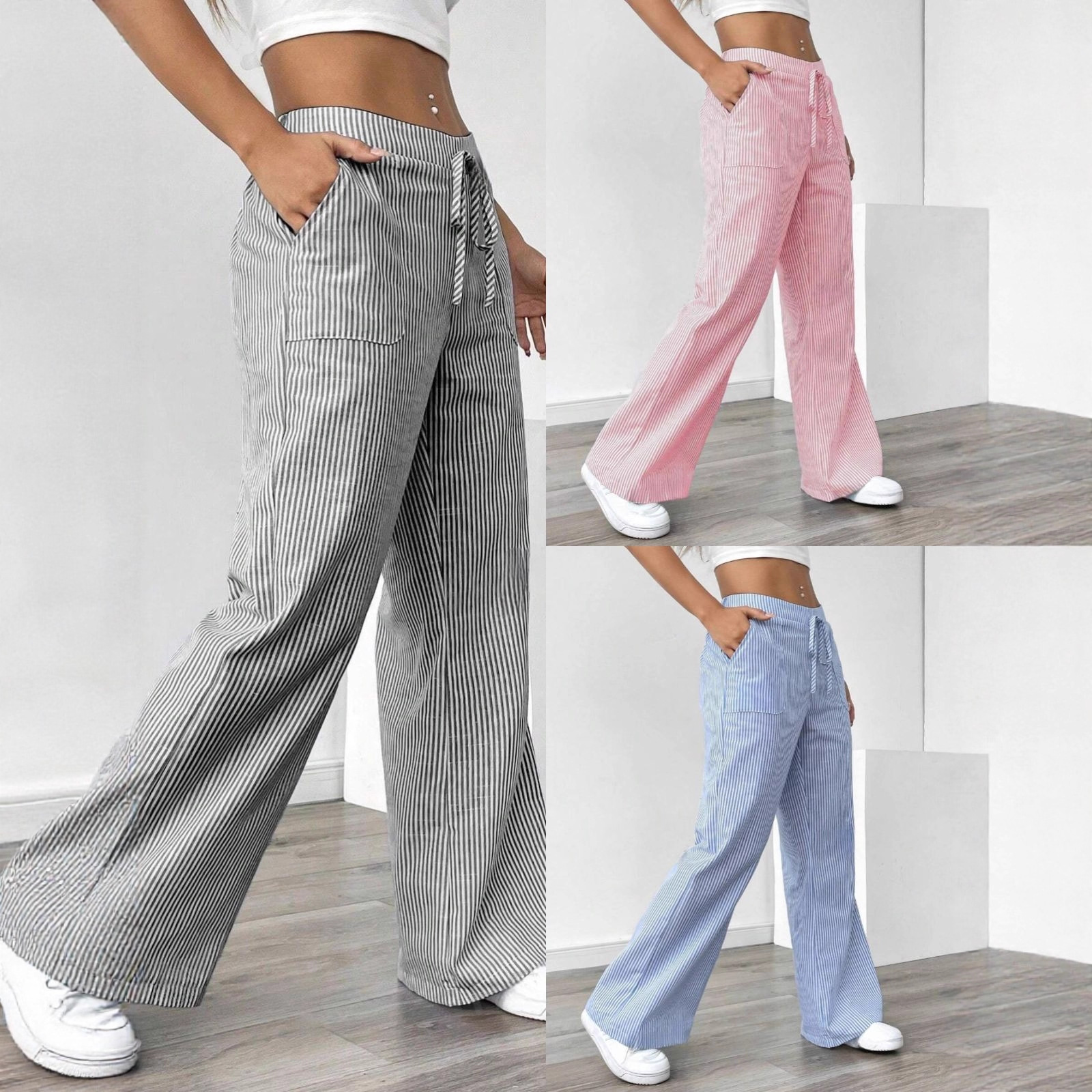 Amazon European and American Foreign Trade Cross-Border 2026 New Striped Long Pants Casual Versatile Street Fashion Loose Wide-Leg Pants