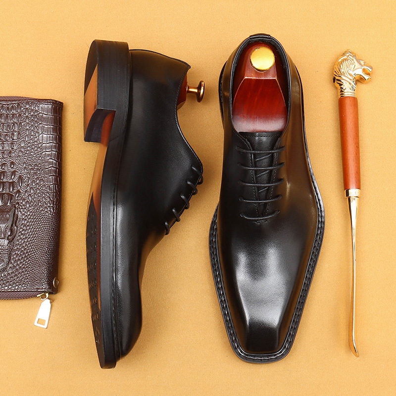 Men's Leather Shoes, Genuine Leather, 2026 New Model, Business Formal Wear, Groom's Wedding Shoes, Square Toe, Brown Oxford, British Style Men's Shoes