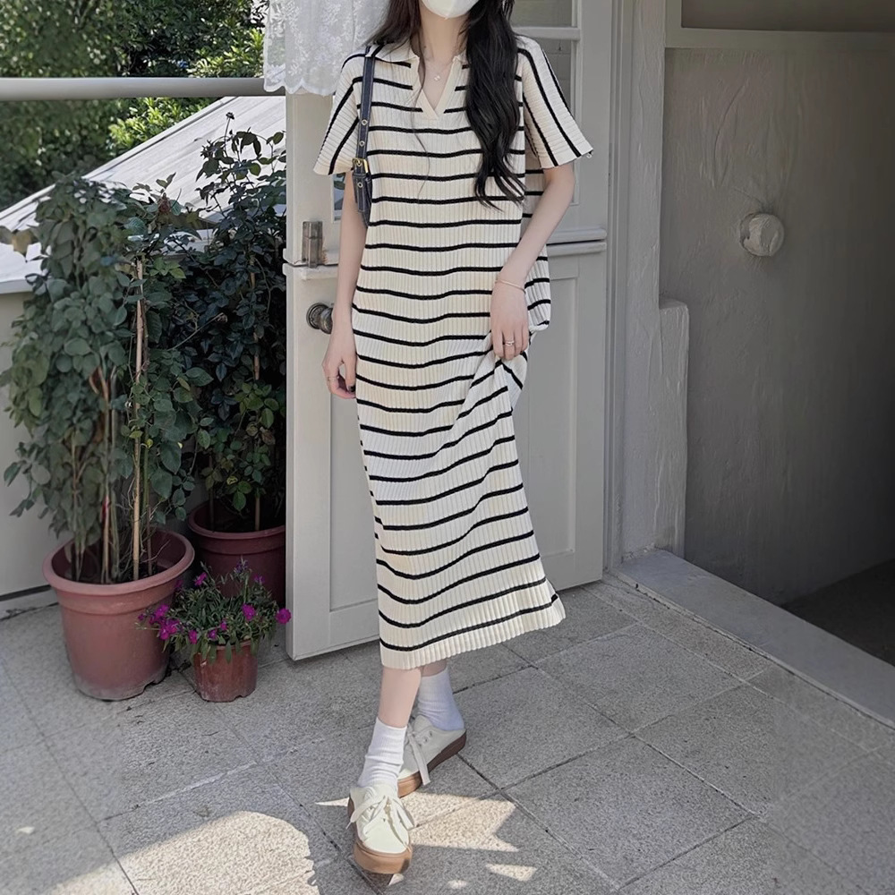 Contrast Color Stripesd Polo Collar Dress Women's Summer 2025 New Loose French Slim Skirt A-Line Mid-Length Skirt