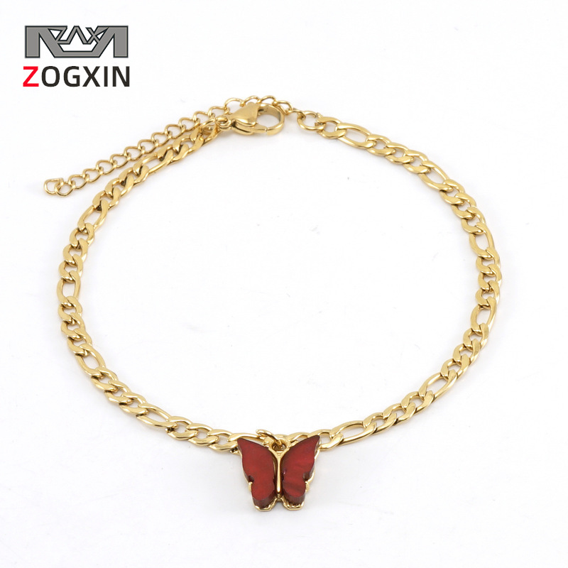 Cross-border Stainless Steel wine red Butterfly Anklet 18K European and American Simple Joker Titanium Steel Figaro NK Chain Anklet for Women