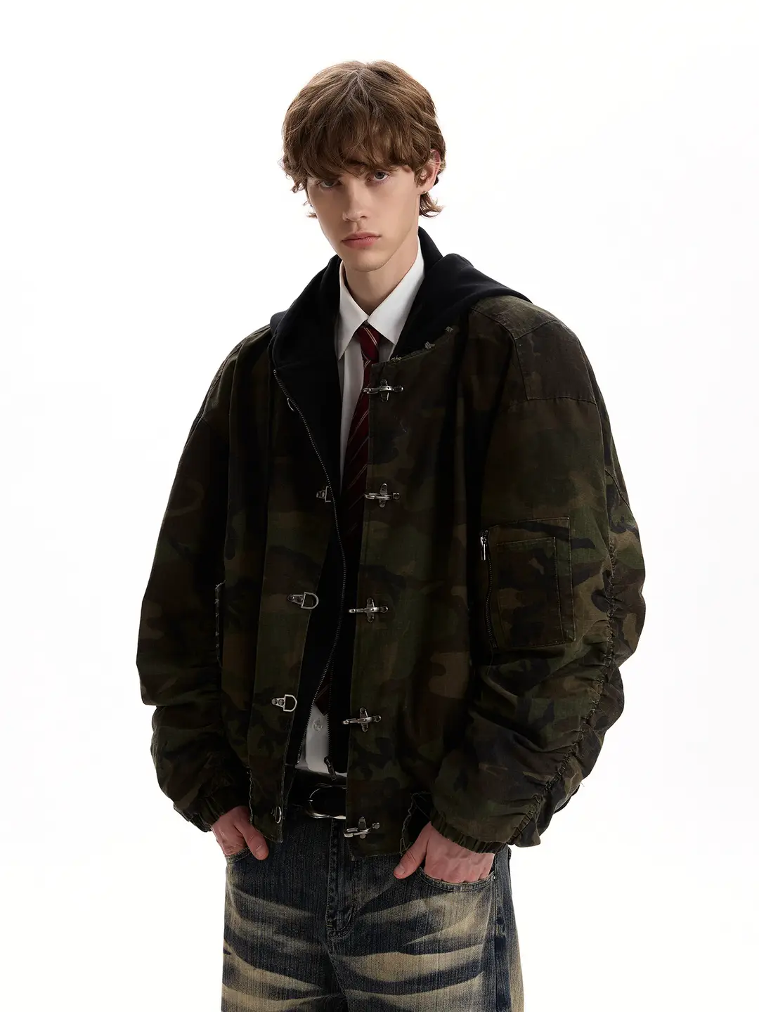 A PUEE American style vintage bomber fake two piece hooded flight jacket boxy workwear camouflage thick coat trendy