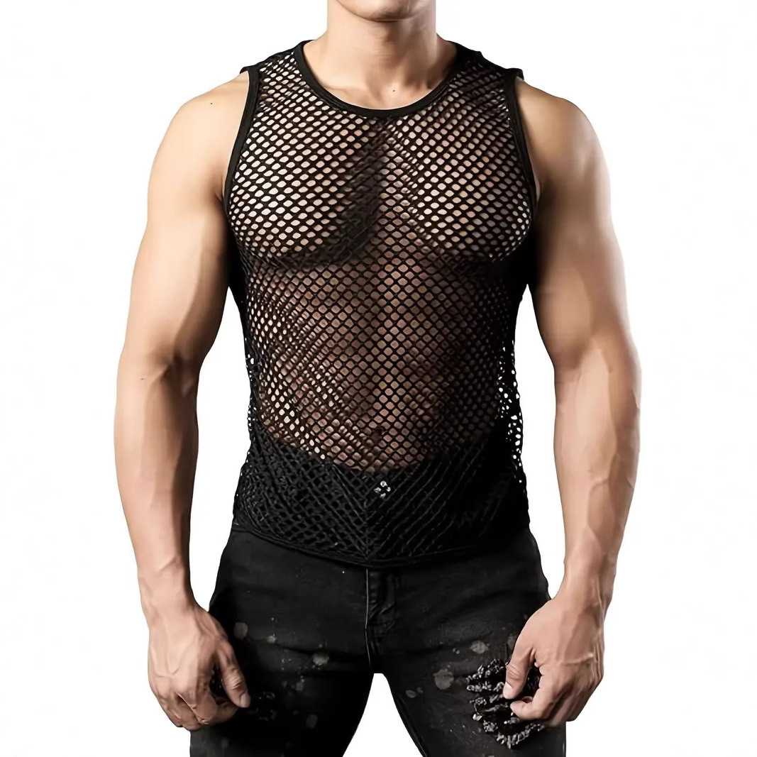 Aliexpress Cross-Border Sexy Men's Personalized Nightclub Cut Out Mesh See-Through Sleeveless Vest Men's Thin T-Shirt