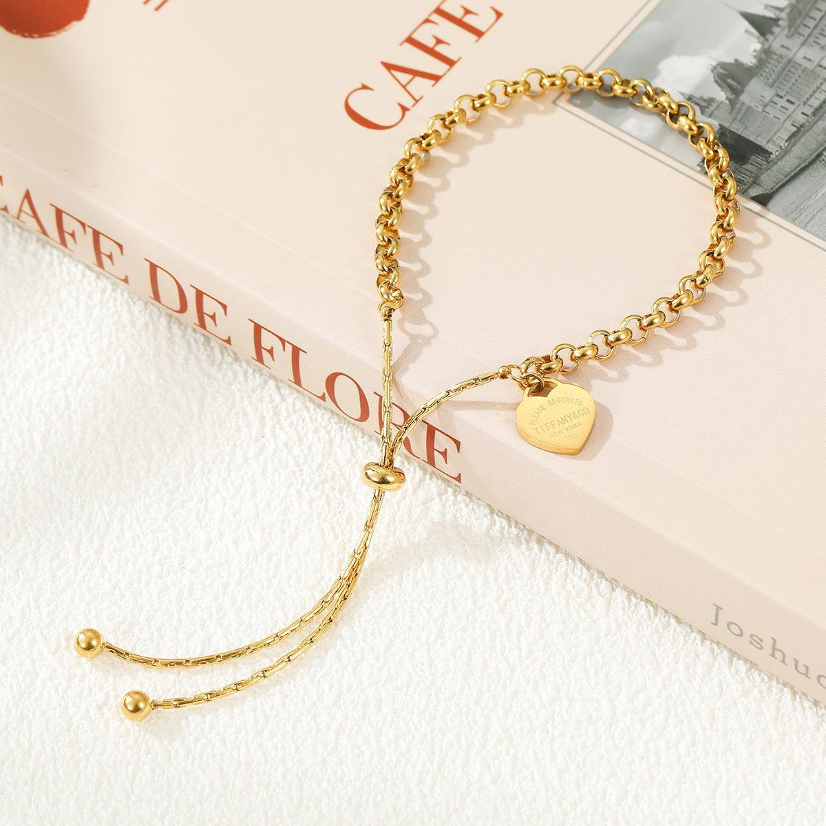 Light Luxury European and American Personality Adjustable Love Titanium Steel Bracelet Round Pearl Chain Ankle Bracelet Women's Color-free Wind Bracelet
