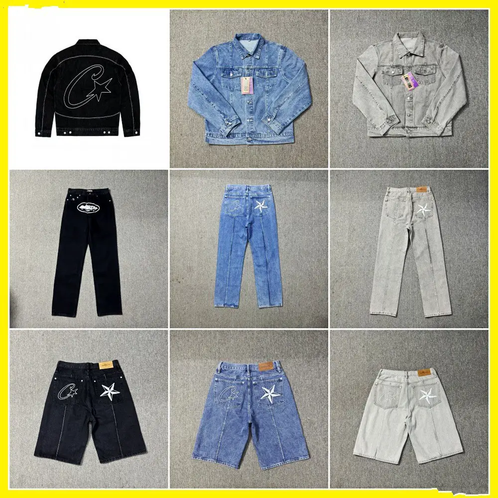 C0Rteiz Devil Jeans Star Embroider American High Street Retro Distressed Casual Five-Point Pants Jacket Island