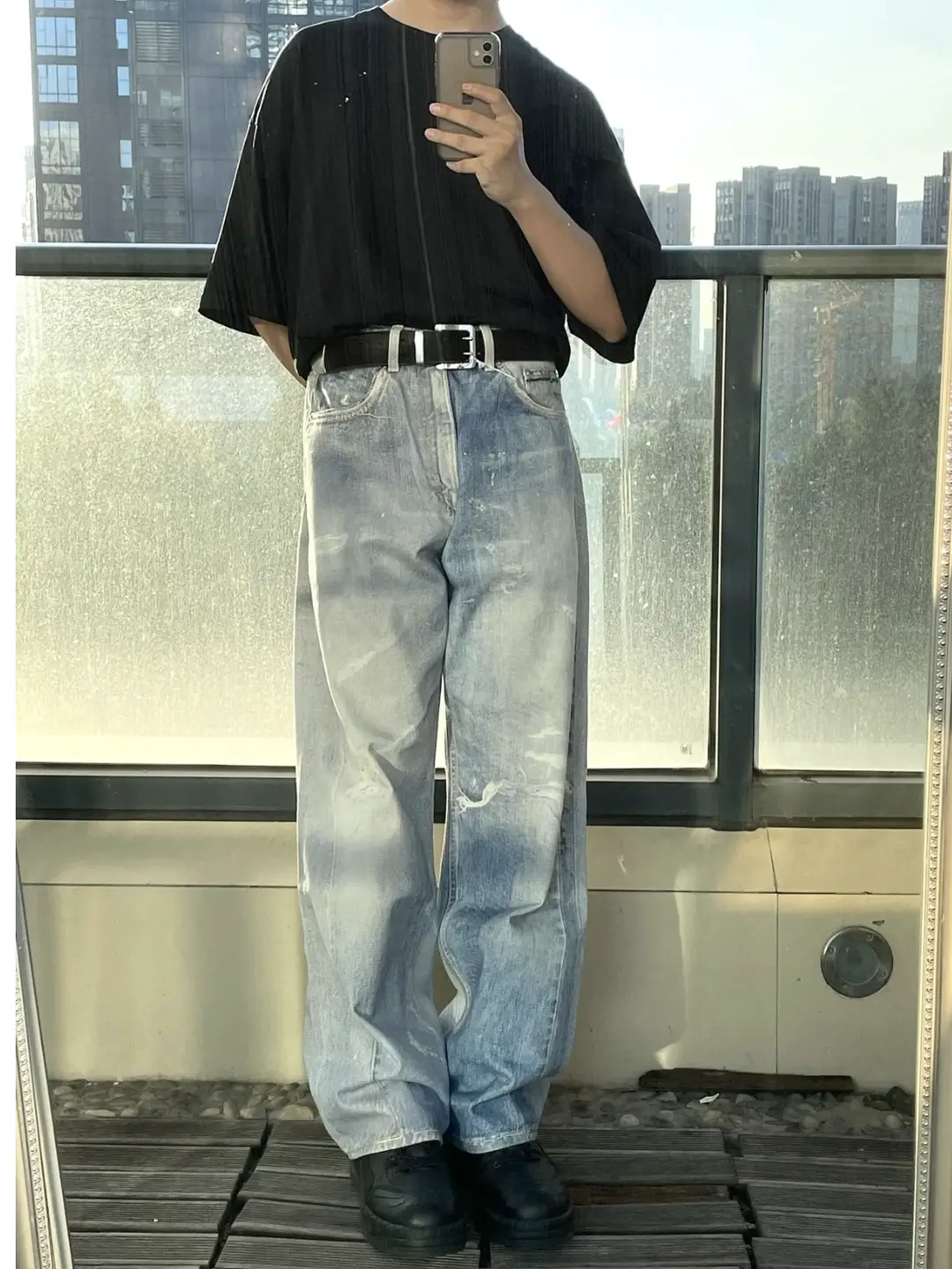 Ol Blue Digital Print Jeans Washed and Distressed Loose Straight Pants Men's Same Style as Bai Jingting