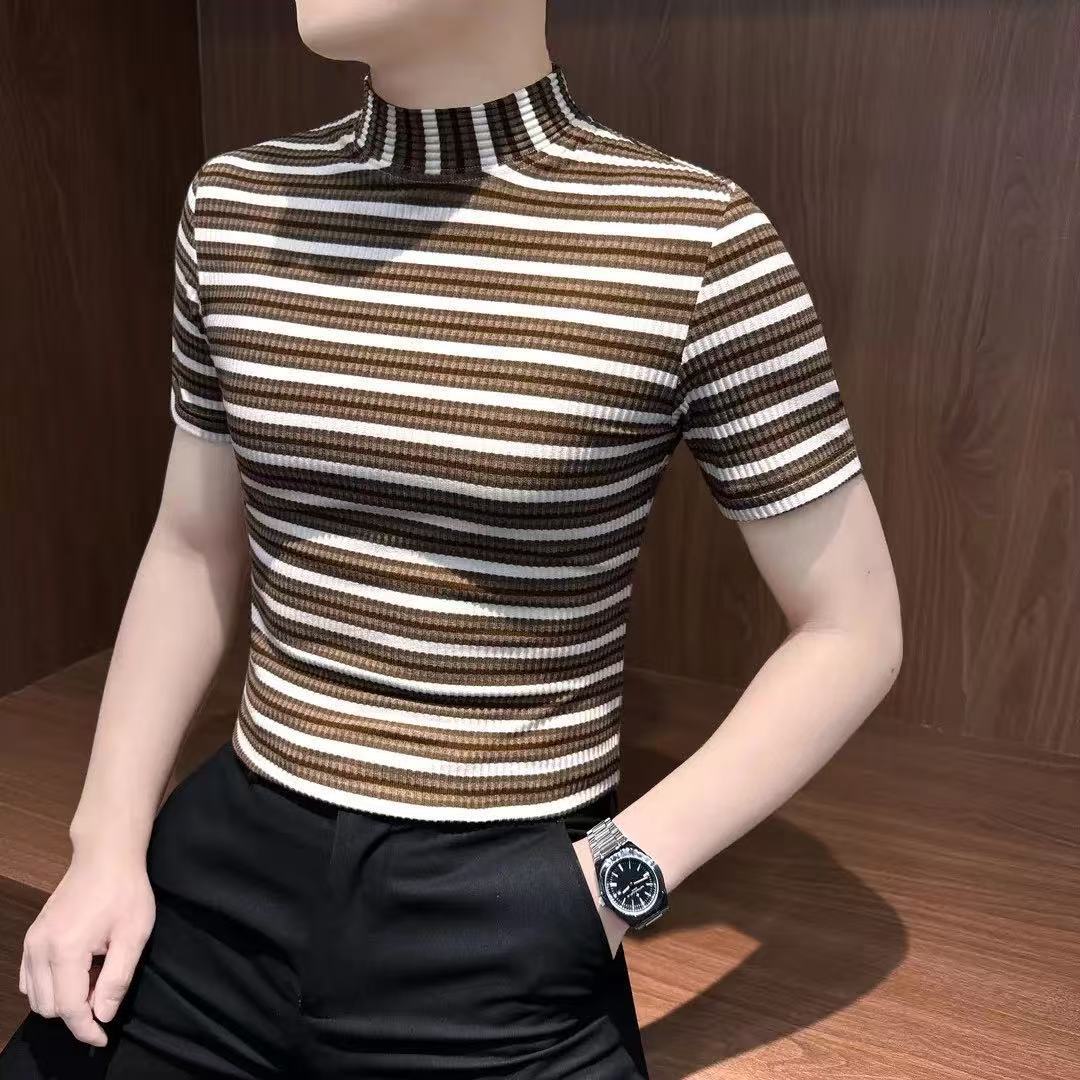 Anti-Wrinkle and Wear-Resistant Striped Short-Sleeved Men's Popular 2026 New High-End Men's Half-High Collar Slim-Fit Men's T-Shirt