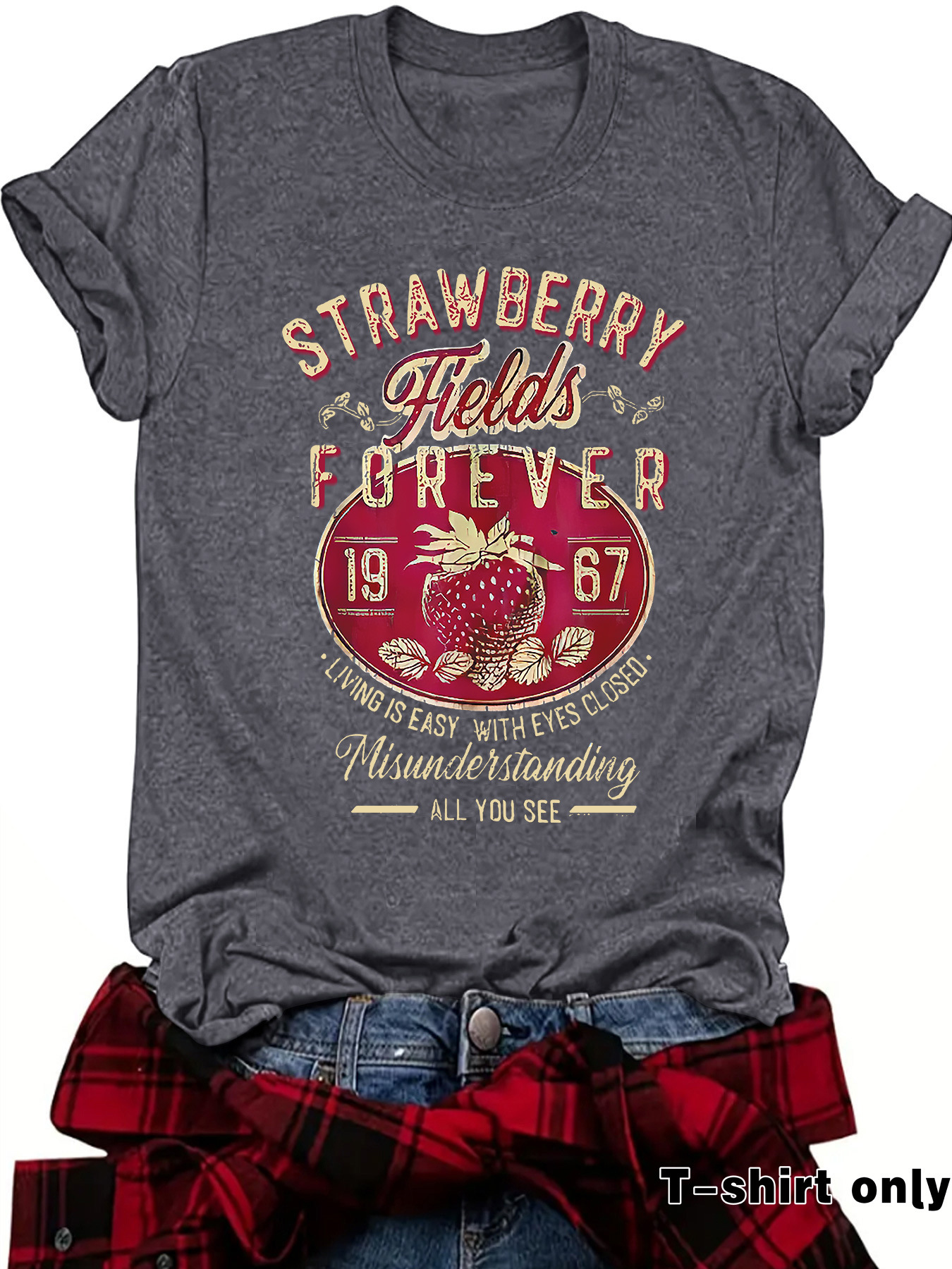 Independent Station Cross-border Summer European and American STRAWBERRY Fields Crewneck Pullover Short-sleeved eBay Women's T-shirt