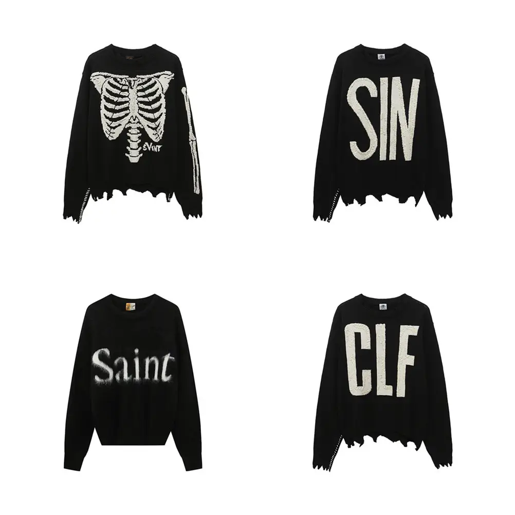 Cross-Border European and American Trendy Brand Saint American Vtg Skeleton Letter Jacquard Round Neck Knitted Sweater Men's and Women's High Street Sweater