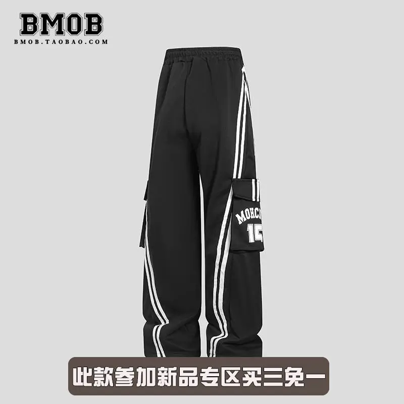 Bmob American retro Stripes letter Patchwork Casual Pants Men's Trendy Brand High Street Handsome Design Wide Legs pants Trendy