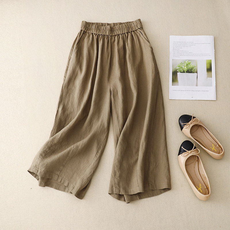 5 Colors Available 2026 Summer New Style Artistic Cotton and Linen Solid Color Straight-Leg Pants for Women with Elastic Waist Versatile Cropped Wide-Leg Pants for Women Trendy