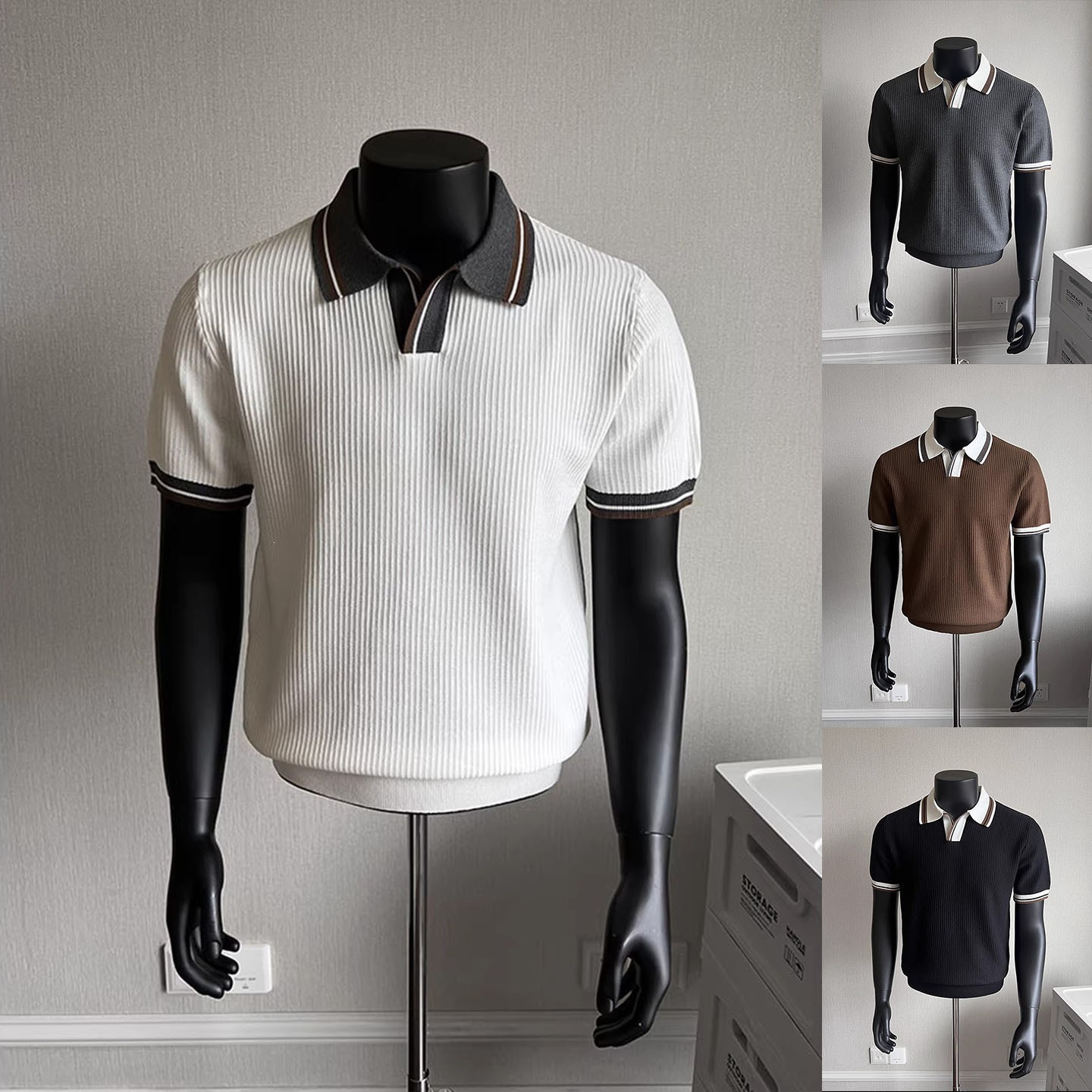 Polo Shirt Knitwear Short-Sleeved Men's Seagull Collar V-Neck Textured Color-Blocking Old Money Style T-Shirt Summer Cross-Border Factory Wholesale