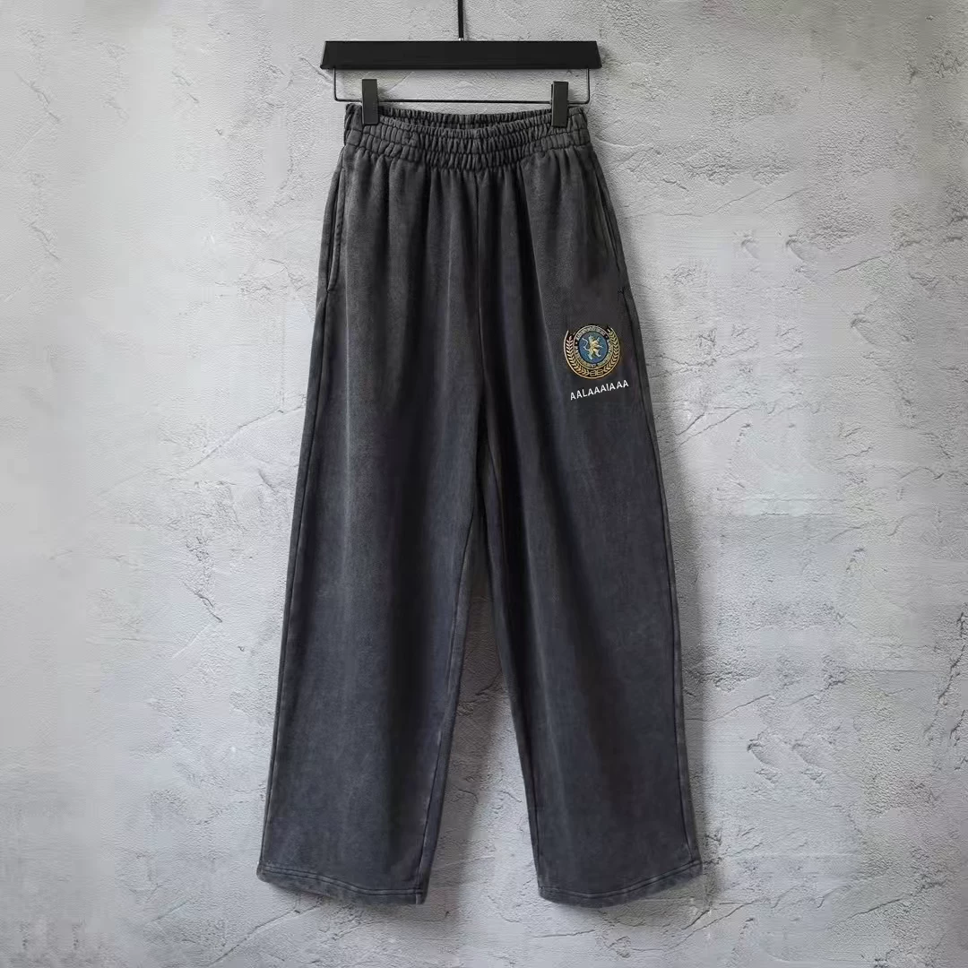 Paris style autumn Manchester United Lions collaboration wheat ear embroidery washed pure cotton loose sports sweatpants men's casual pants