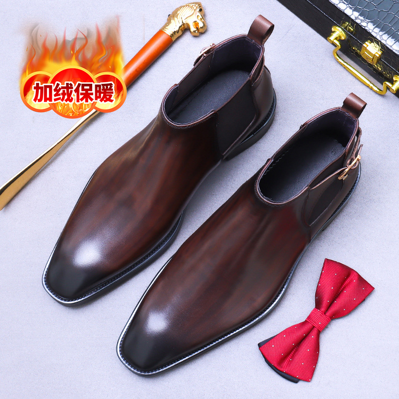 Autumn and Winter fleece-lined Business British leather high-top warm boots men's leather shoes first layer cowhide leather boots men's Chelsea boots men