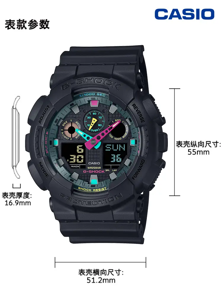 Casio Watch Boys-Gshock Neon Color Student Sports Waterproof Digital Quartz Watch Ga-100Mf-1A