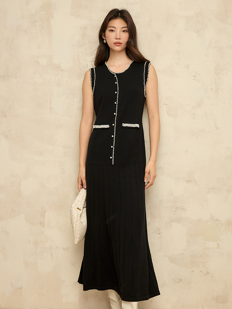 Elegant Mature Style Heavy Beaded Wool Knit Dress Women's Fashion Chanel-Style Sleeveless Vest Dress 26 New Pleated Skirt