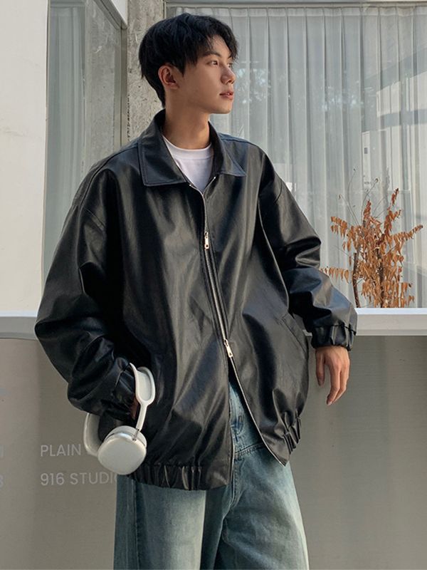 American retro PU leather jacket men's plus size fashion brand street loose lapel casual motorcycle leather jacket spring and autumn