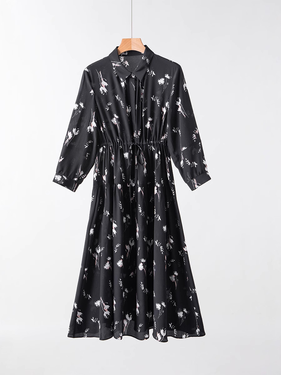 New Style Silk dress Women's Spring French Style Mulberry Silk Printed Long Dress Vintage Seven-Sleeve Lapel A- line Dress