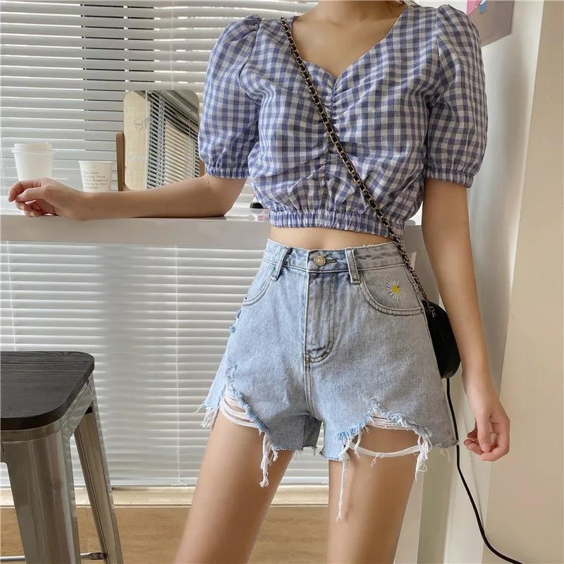2026 High-Waisted Denim Shorts for Women, Summer New Style, Embroidered Daisy, Loose Korean Style, Student Slimming Ripped Hot Pants