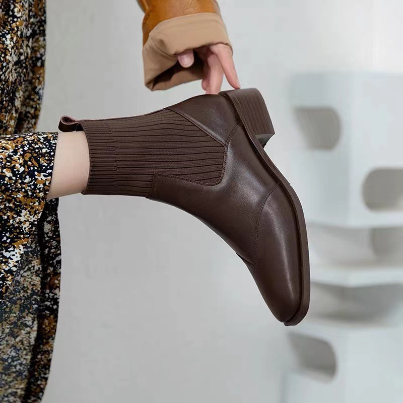 Genuine leather thin boots Women's elastic socks boots single-layer boots square toe chunky heel Chelsea short boots flying woven pantyhose boots versatile