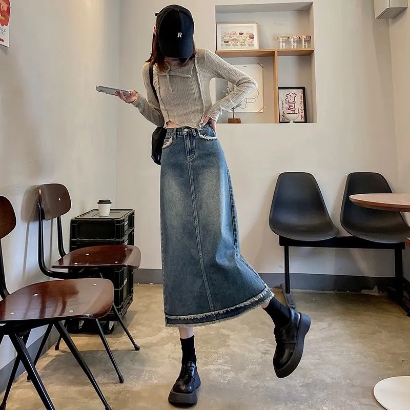 Denim Skirt Women's Skirt Mid-length 2024 Summer New High Waist Slim-fit A- line Hip Skirt Spring and Autumn
